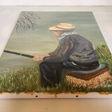 Tableau pêcheur à la ligne huile sur toile signée