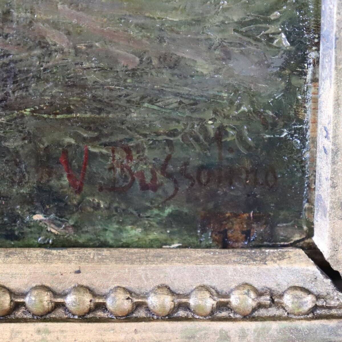 Peinture à l'huile sur panneau, paysage avec un troupeau de moutons, signé V. Bussolino, Italie, 19e siècle
