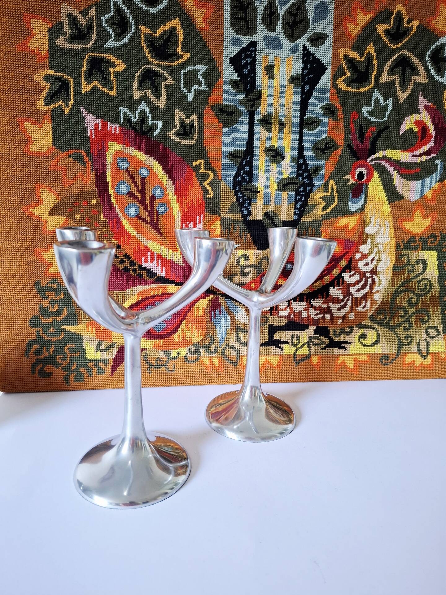 Vintage aluminium candlestick duo