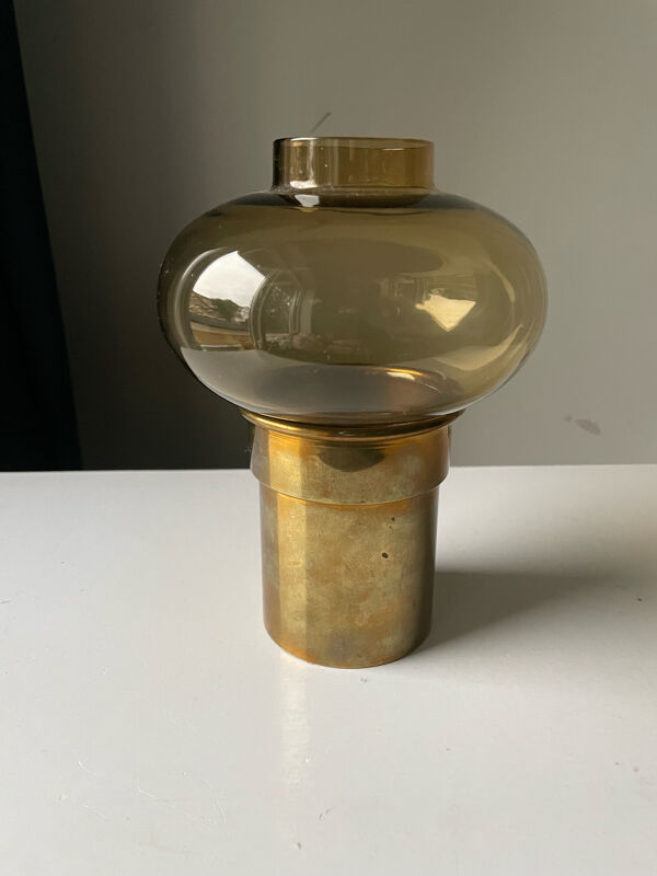 Bougeoir vintage MCM Danish Design Hurricane en verre de couleur laiton et ambre