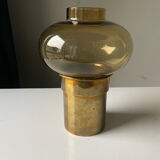 Vintage MCM Danish Design Hurricane Candleholder in Brass and Amber colored glass