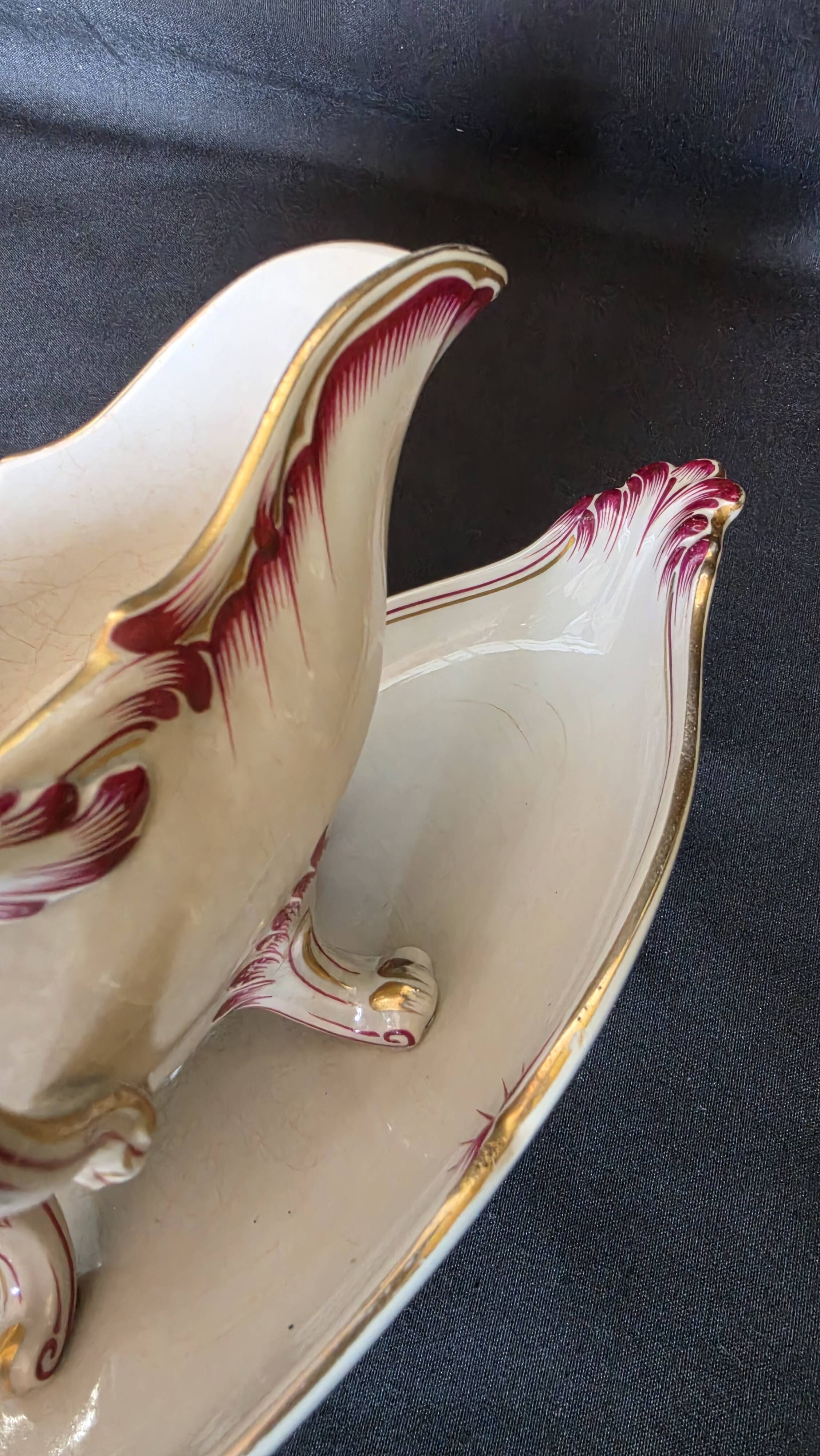 Antique sauce boat in fine earthenware from Sarreguemines, France, neo style.