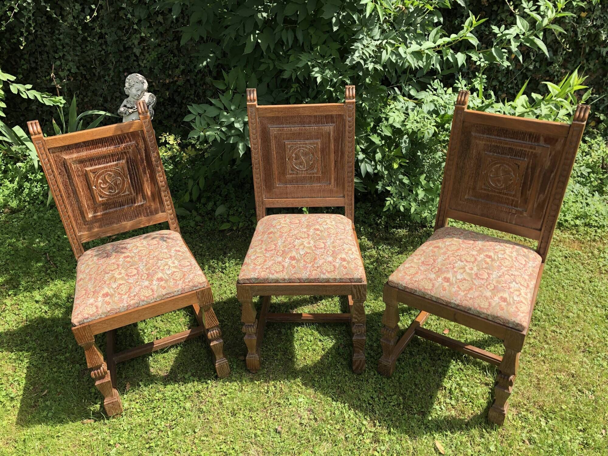 Series of 6 Chairs Neo Basque Wood Carved Cross Basque + Assise Fabric Vintage
