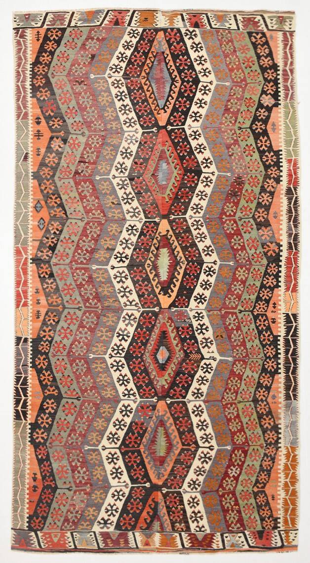 6x12 Multicolor Orientel Kilim Rug, Handmade Wool Kilim Rug, 185x350Cm
