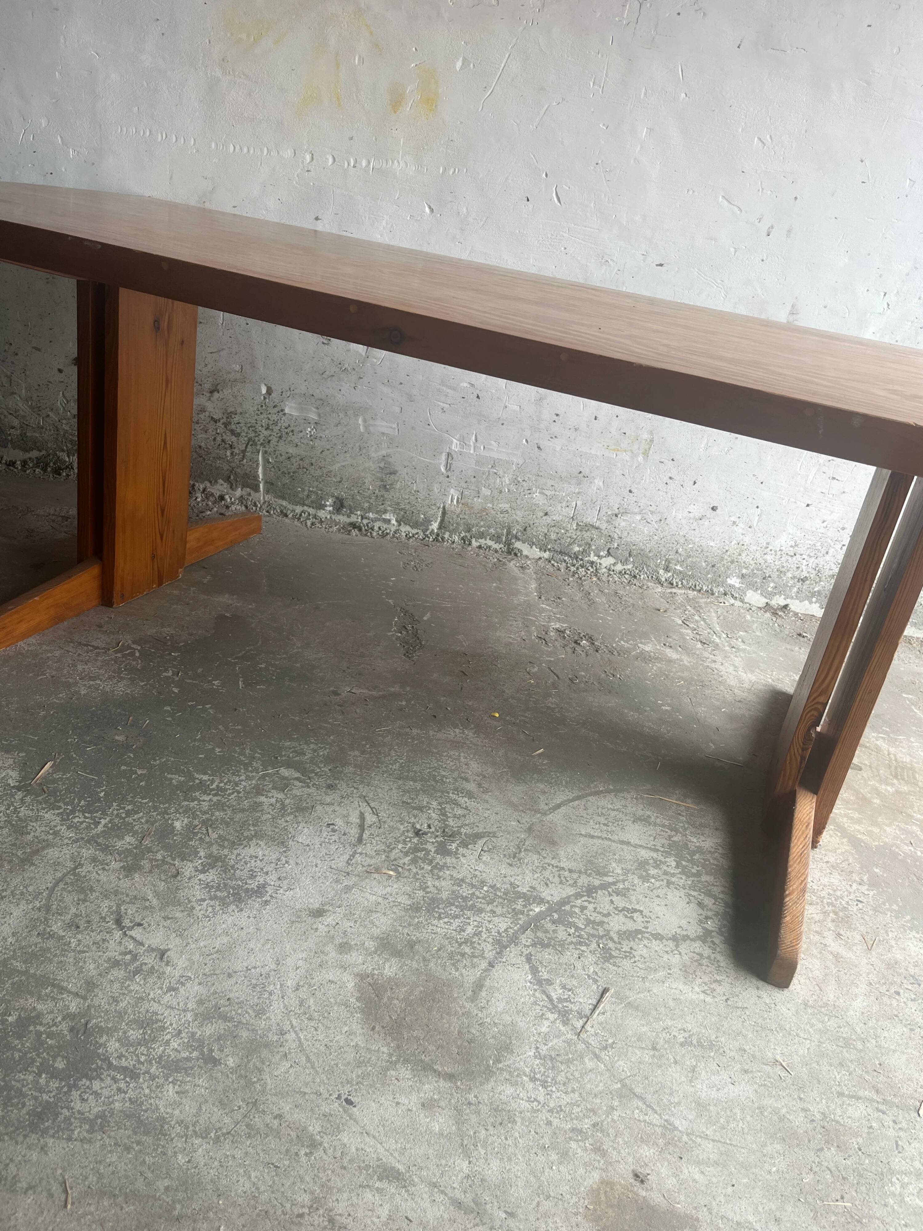 Brutalist Honey-Brown Pine Trestle Dining Table,  1970s France