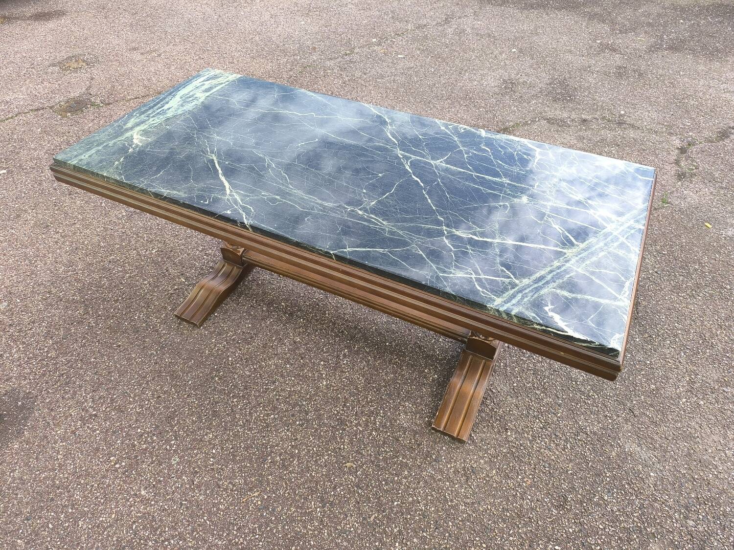 Wood and green marble coffee table