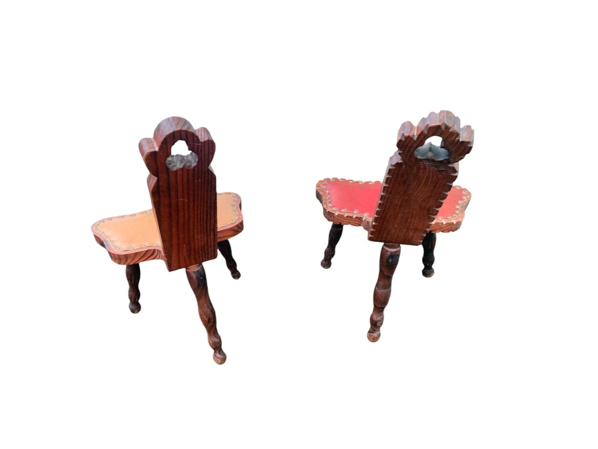 Pair of vintage French three-legged chairs with Breton style backrest, wooden seat 1960s