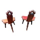 Pair of vintage French three-legged chairs with Breton style backrest, wooden seat 1960s