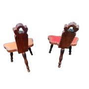Pair of vintage French three-legged chairs with Breton style backrest, wooden seat 1960s