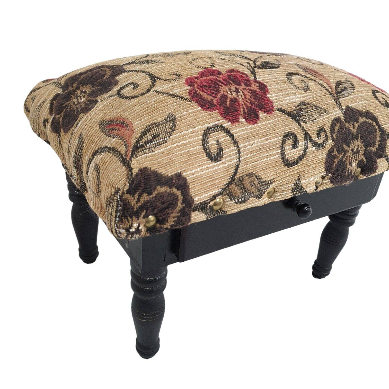 Foot Rest Stool Upholstered Floral Velvet Fabric With Drawer Vintage Deco