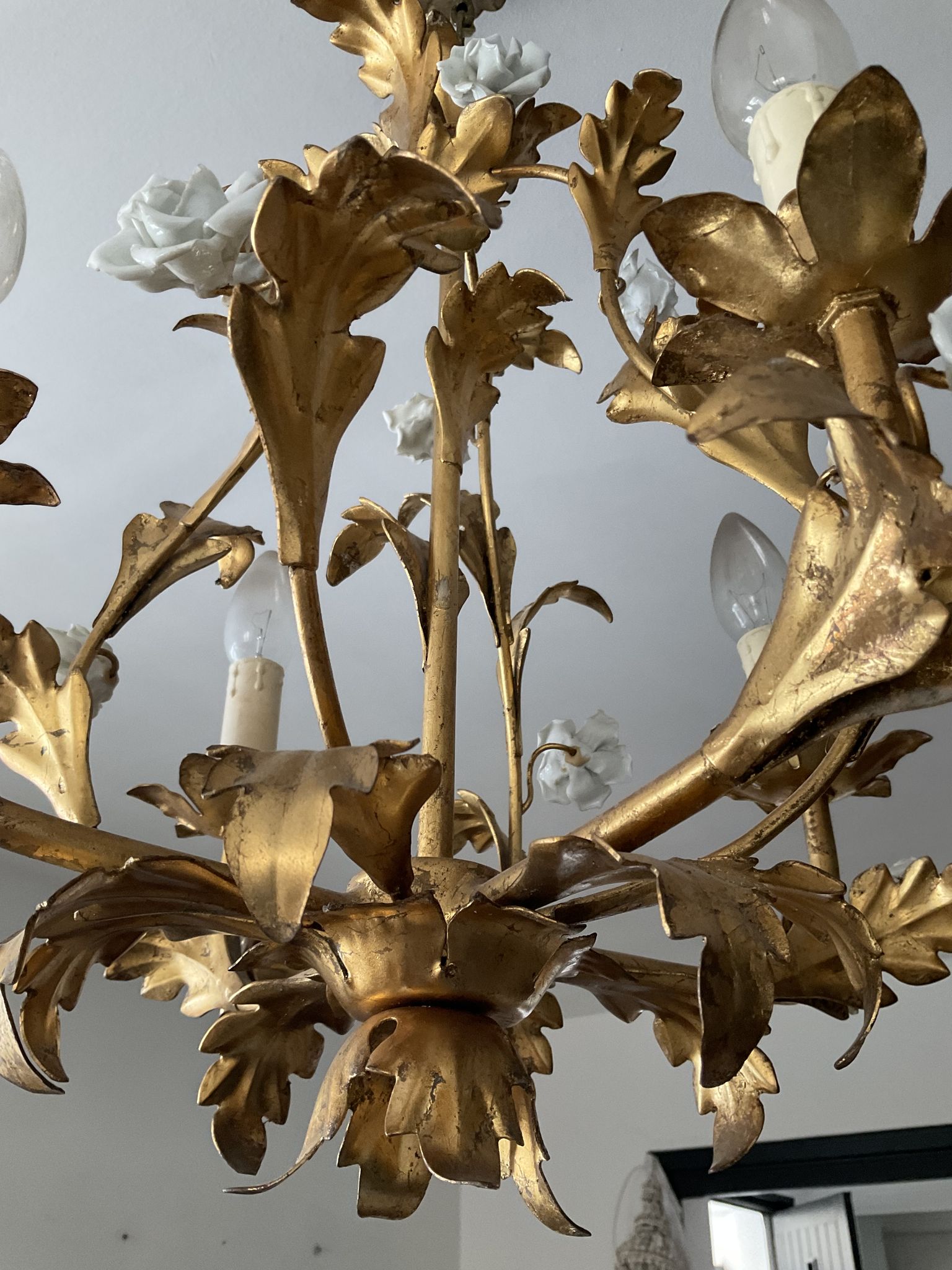 Italian cage chandelier golden leaves and porcelain flowers