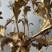 Italian cage chandelier golden leaves and porcelain flowers