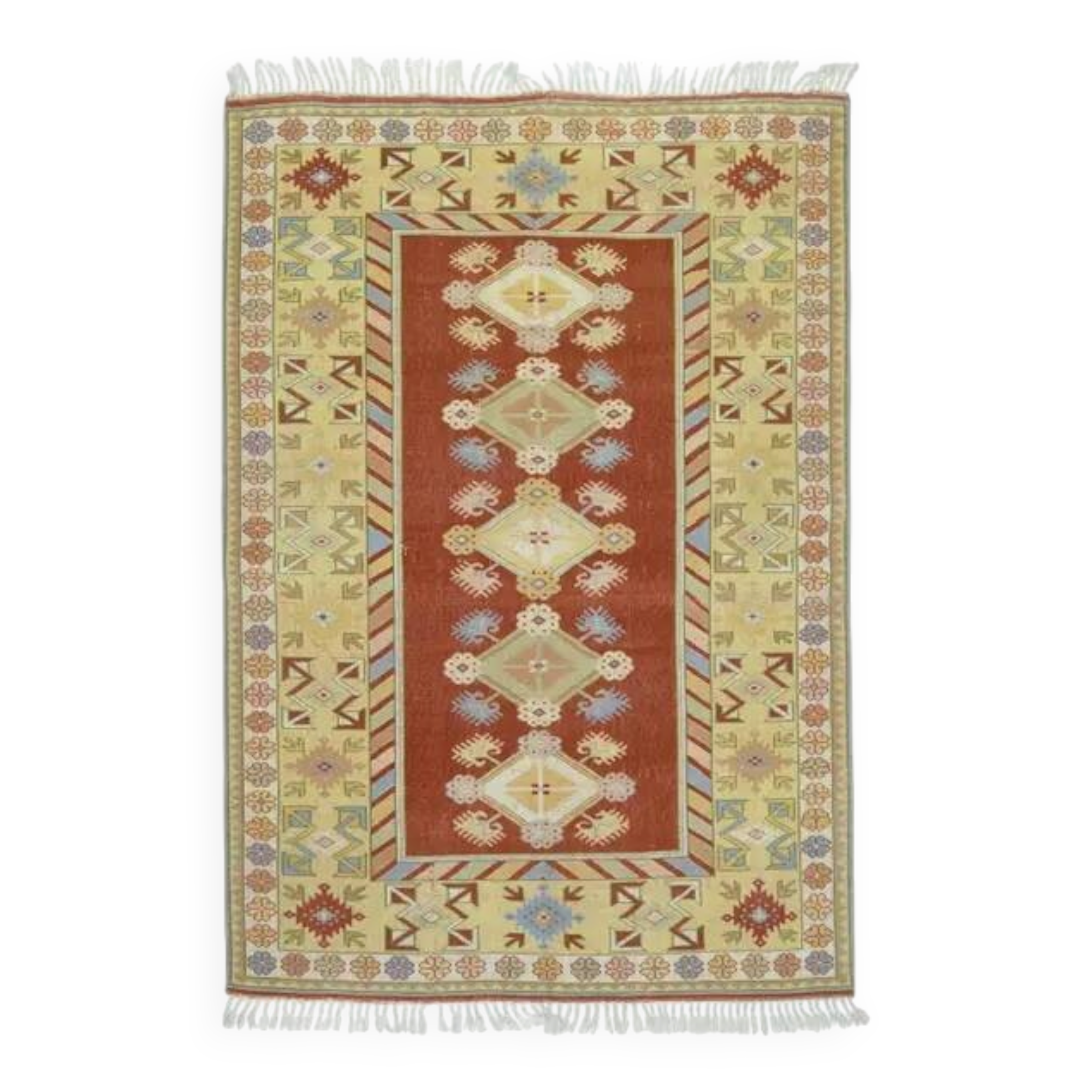 1970s Vintage Turkish Oushak Handmade  Red Yellow Area Rug 152x223