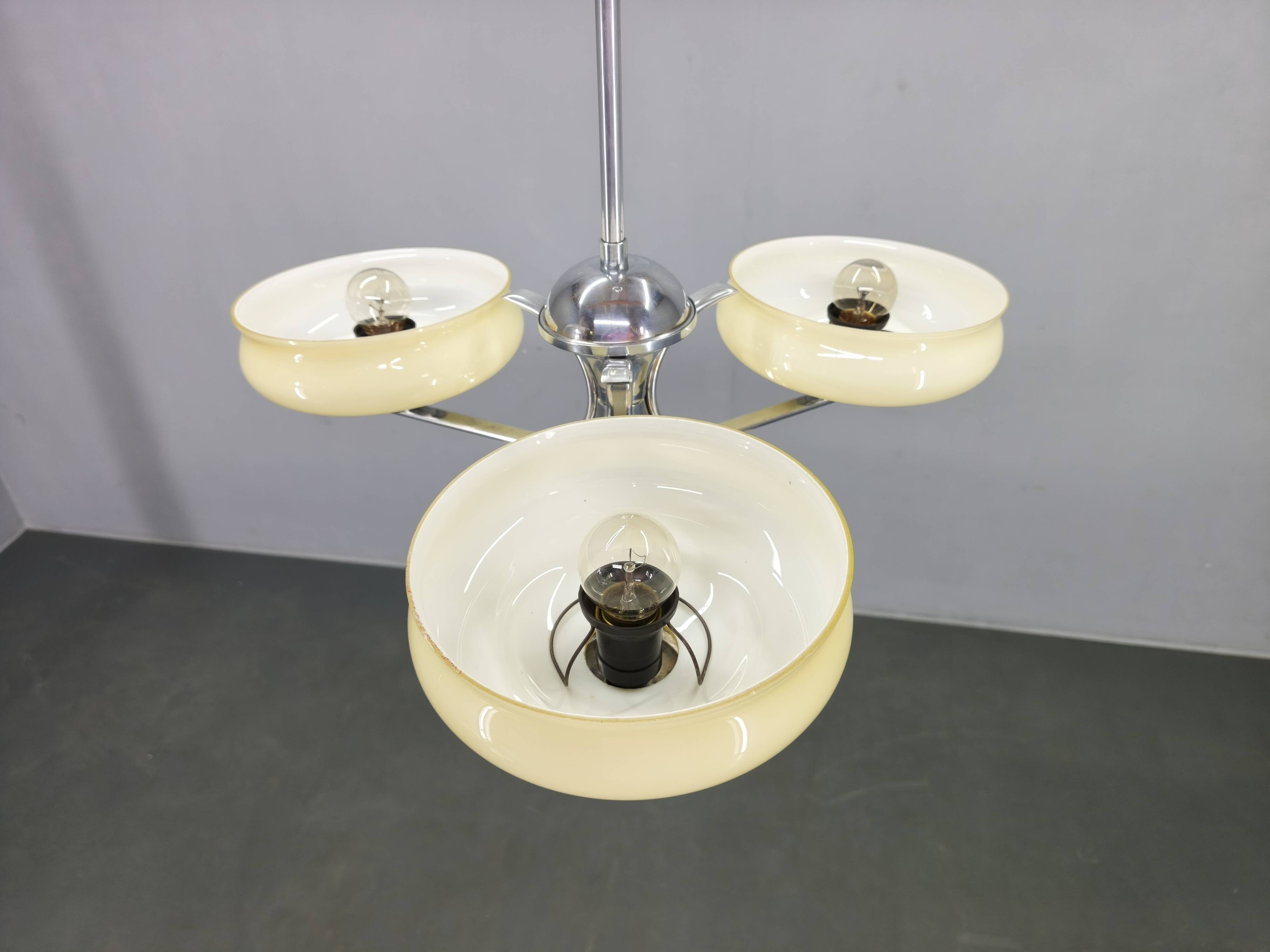 Bauhaus Chandelier Czechoslovakia 1930s Milk Glass Chrome Pendant