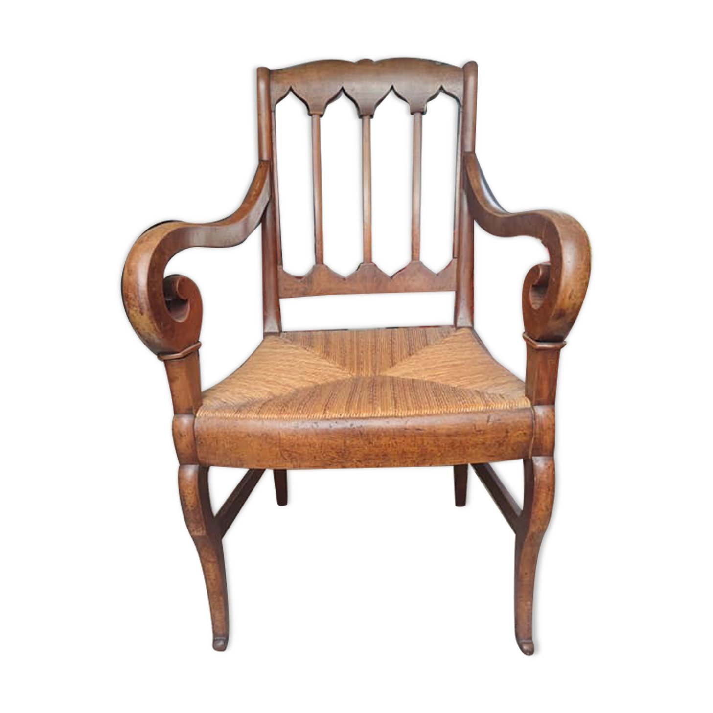 Armchair with gilded rye straw seat in solid walnut, Restoration period, circa 1820