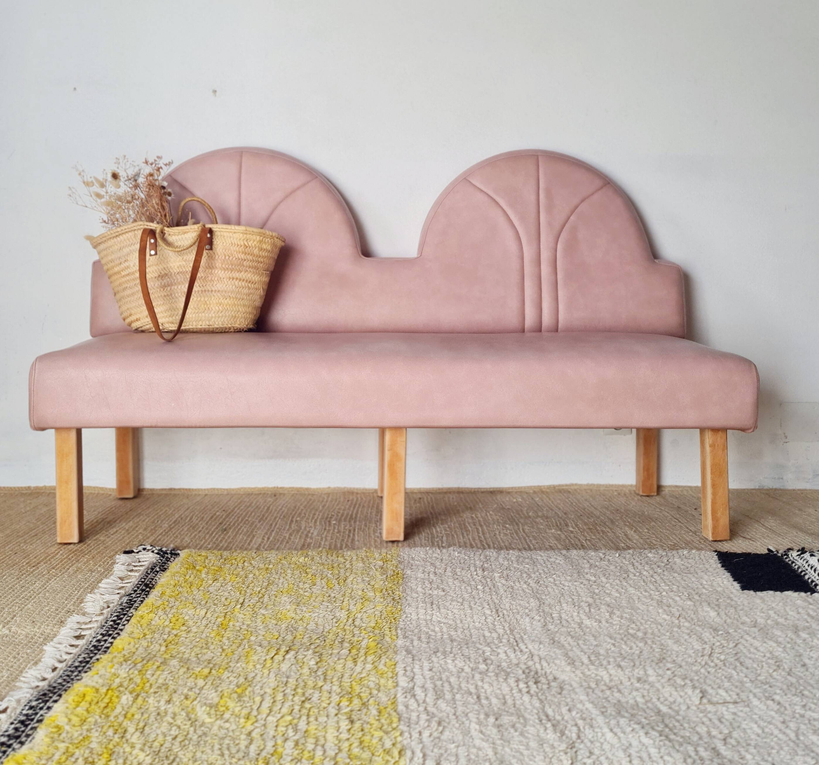 Pink faux leather bistro bench for 3 people