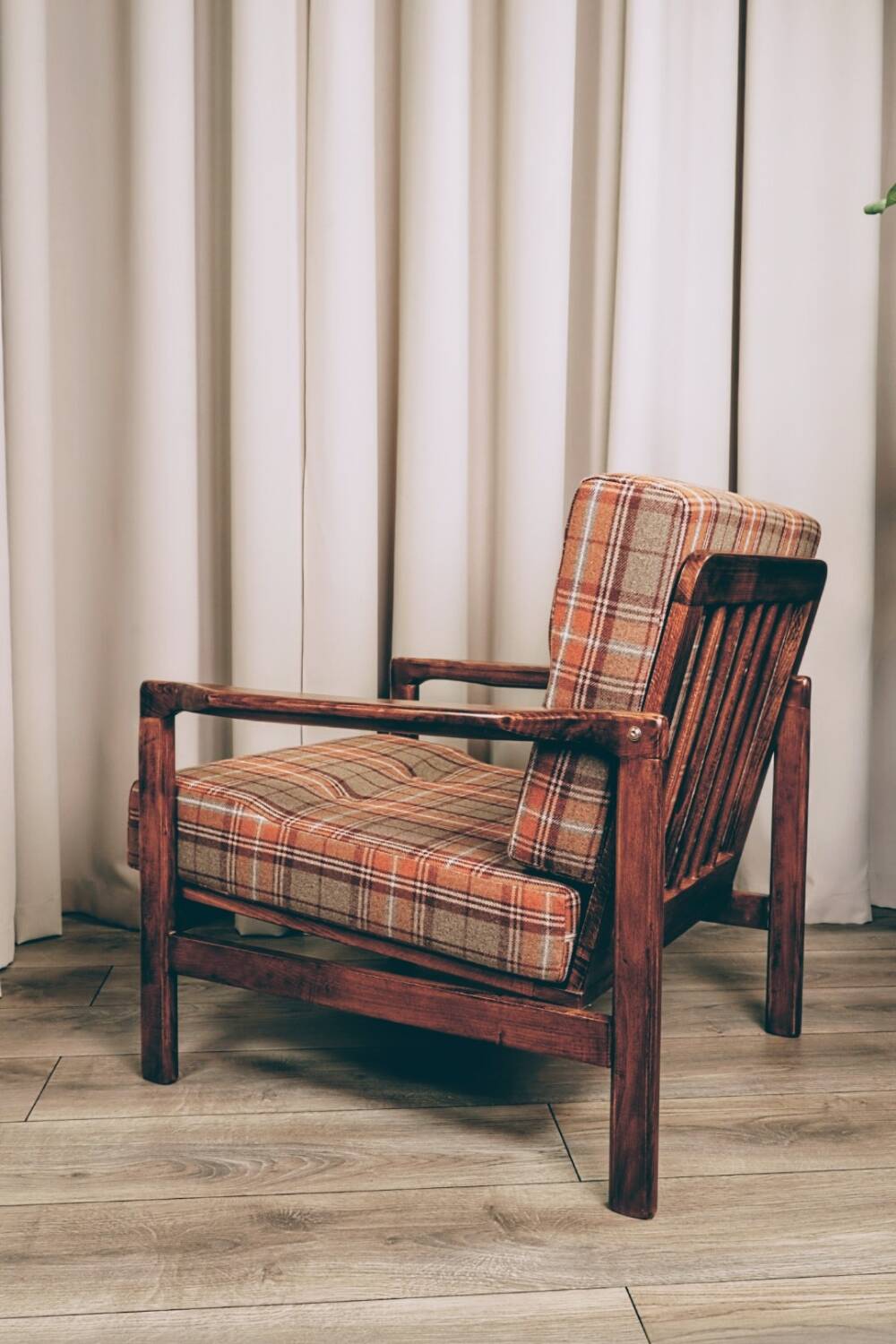 Scandinavian armchair in natural wool, orange, checked, 1965, Z. Baczyk