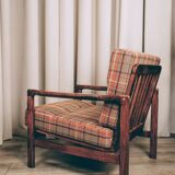 Scandinavian armchair in natural wool, orange, checked, 1965, Z. Baczyk