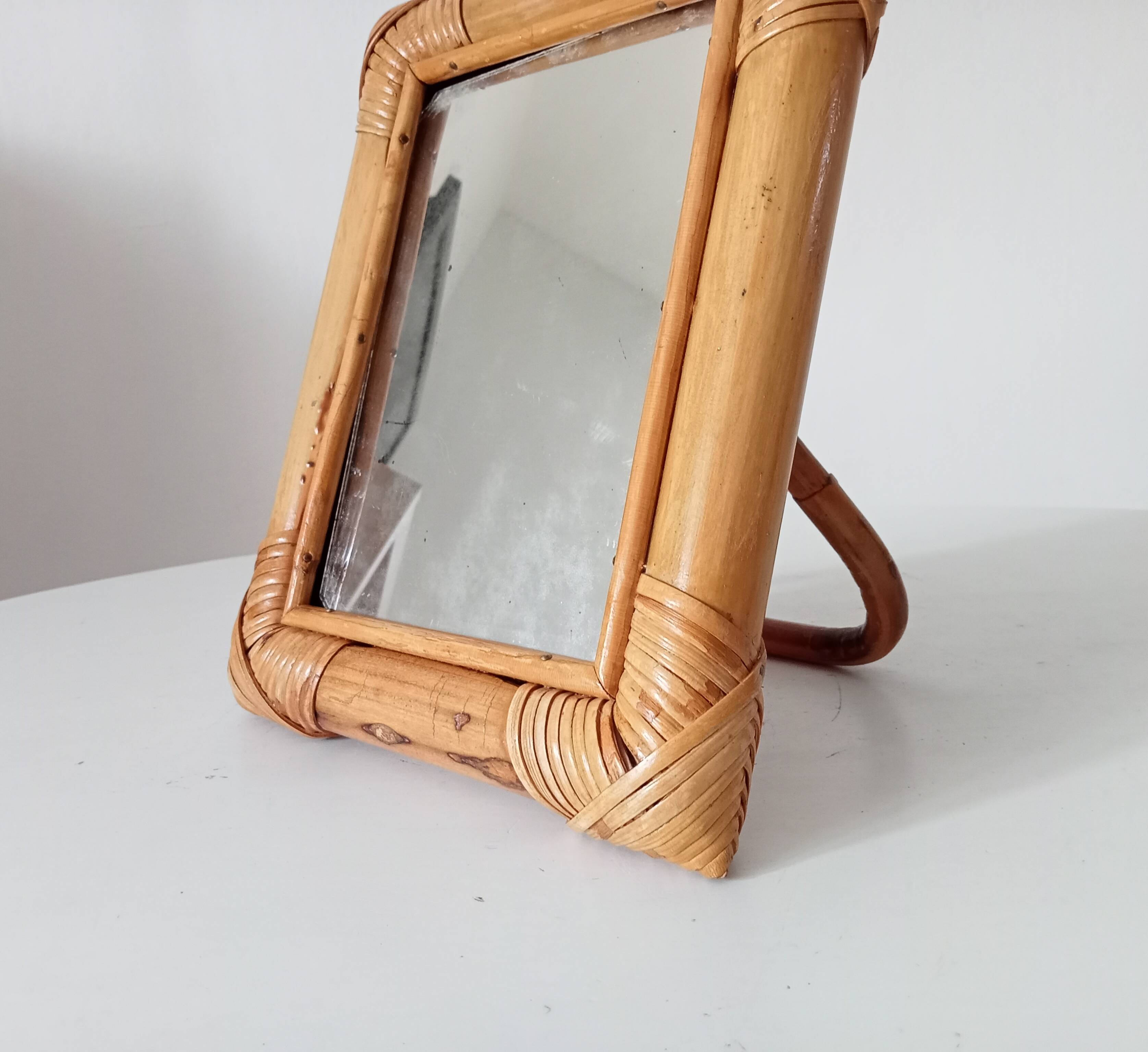 Vintage 1970s rattan tabletop mirror