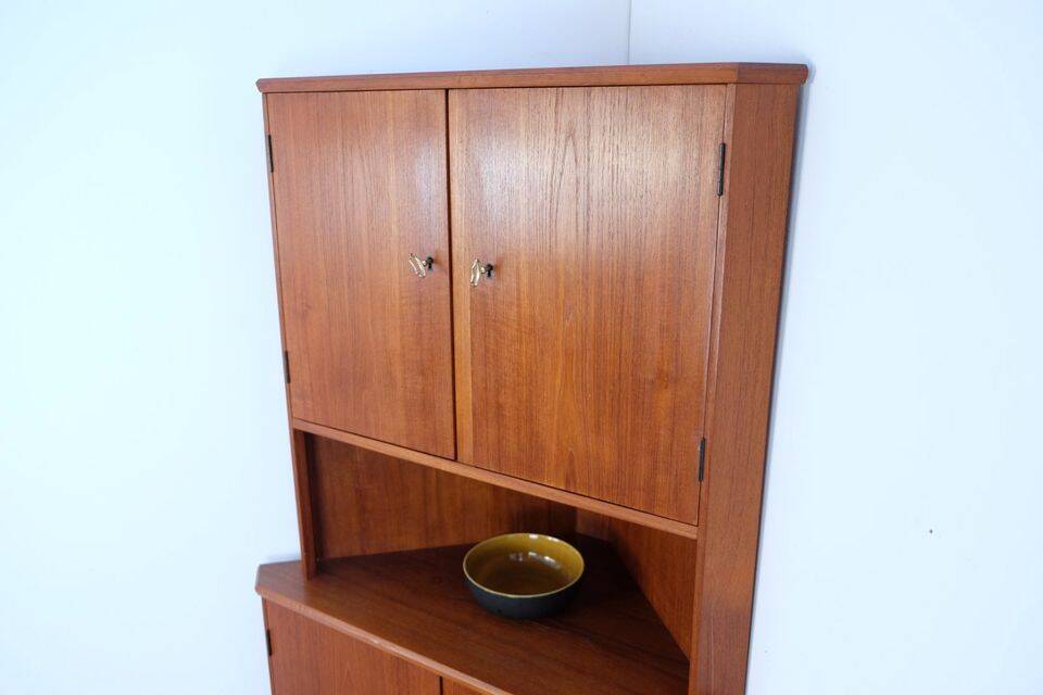 Vintage Danish teak corner cabinet, retro 1960s style.