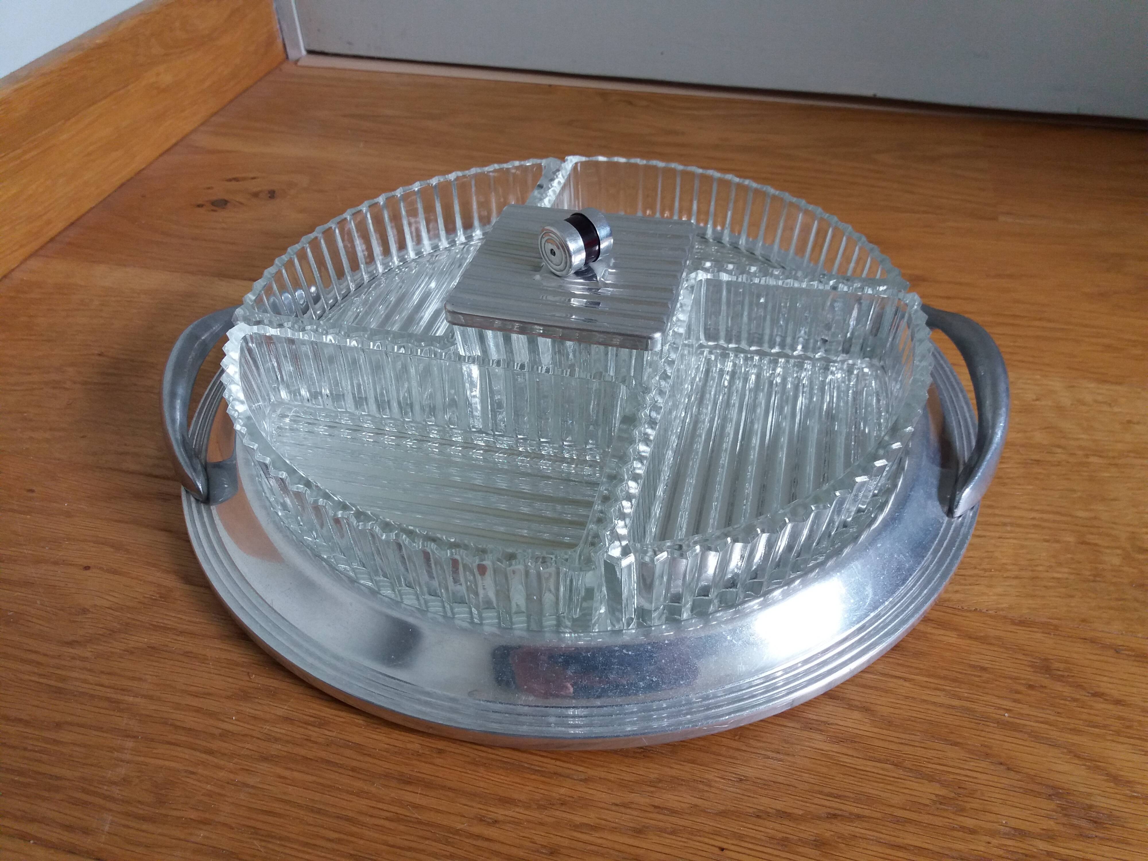 Appetizer tray with cups and Art Deco mirror tray