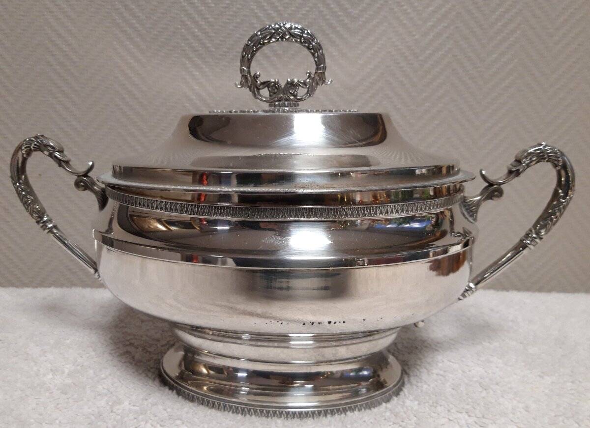 Antique silver-plated soup tureen – decorated handles – classic style