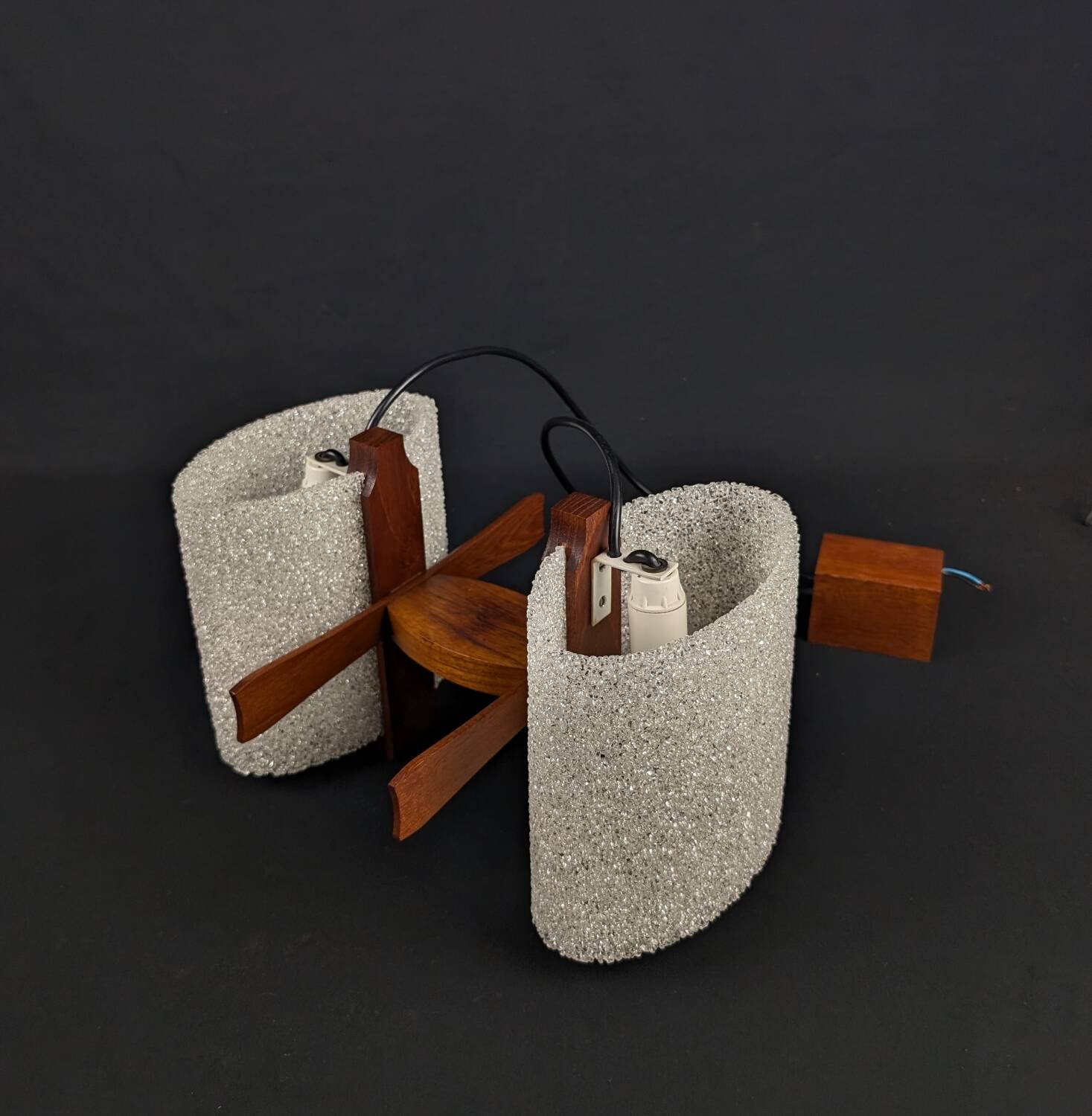 Scandinavian 2-light pendant light in teak and frosted perspex, 1960