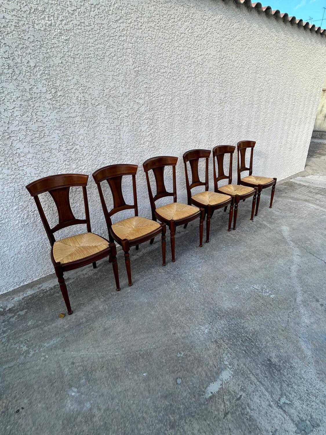 Set of 6 cherry wood chairs with straw seats
