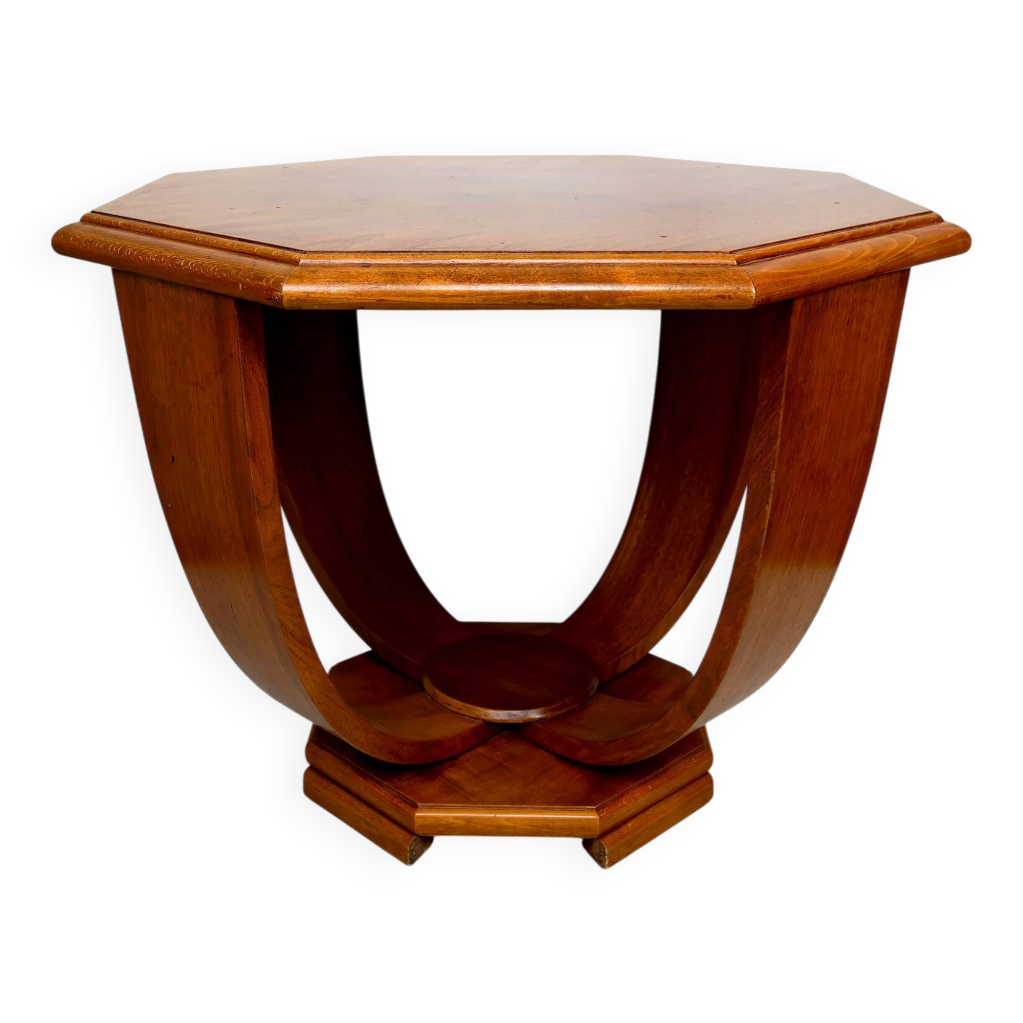 Octagonal Walnut Pedestal Table, Art Deco Modernist, France, c. 1930
