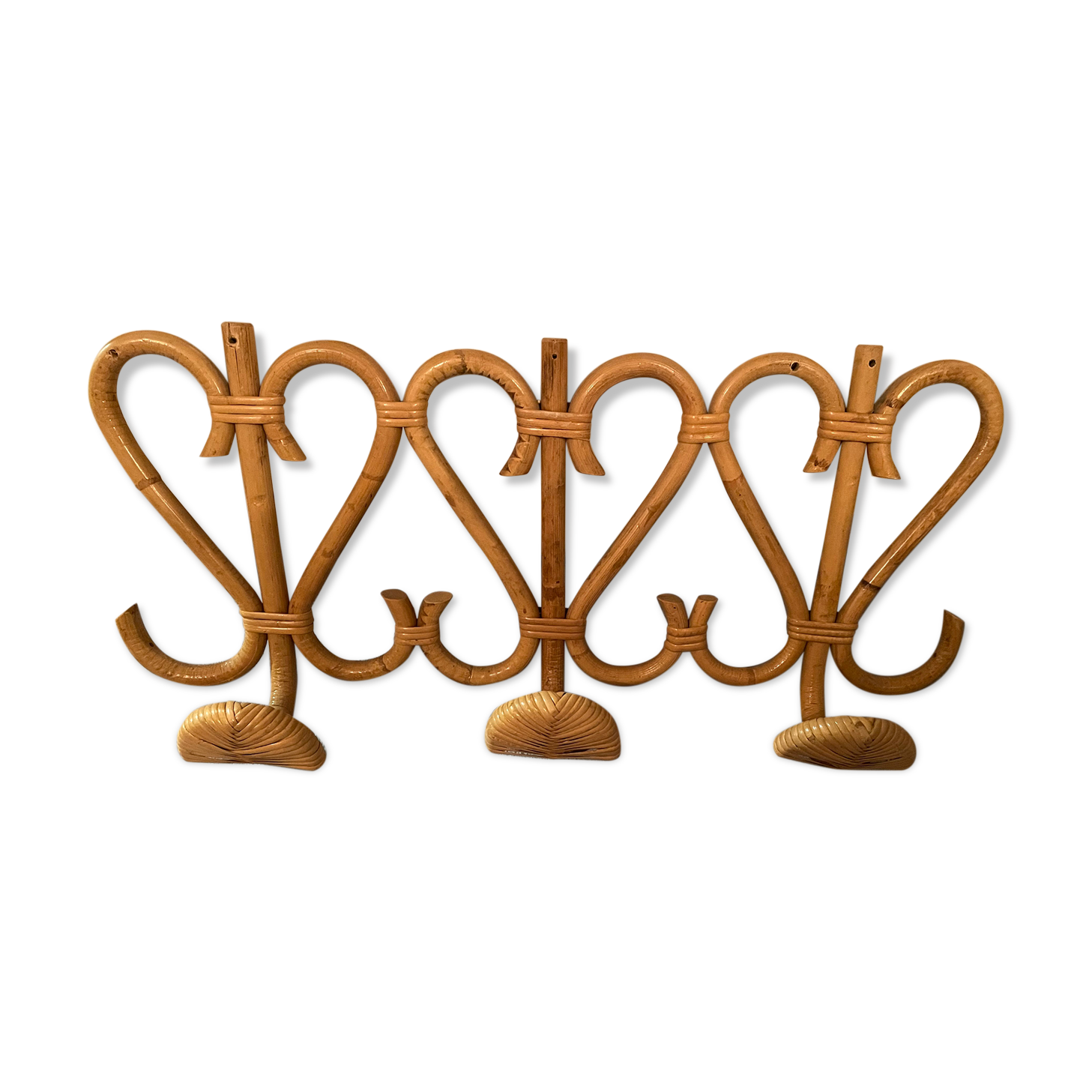 Vintage rattan wall coat holder with 3 pateres