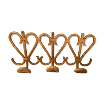 Vintage rattan wall coat holder with 3 pateres