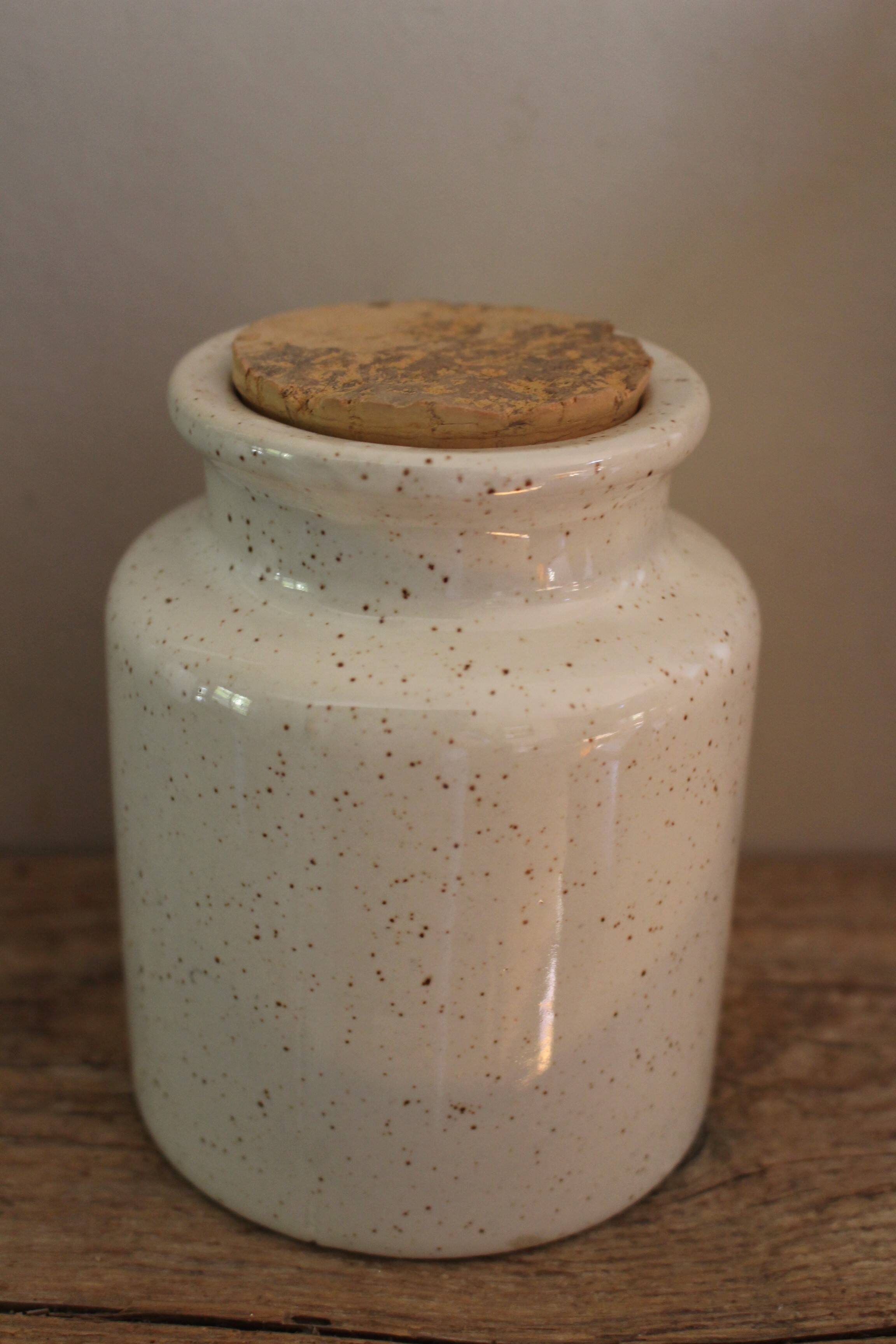 Mottled glazed stoneware mustard pot with cork stopper