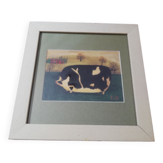 Black and white pig painting disgruntled signed E. B.