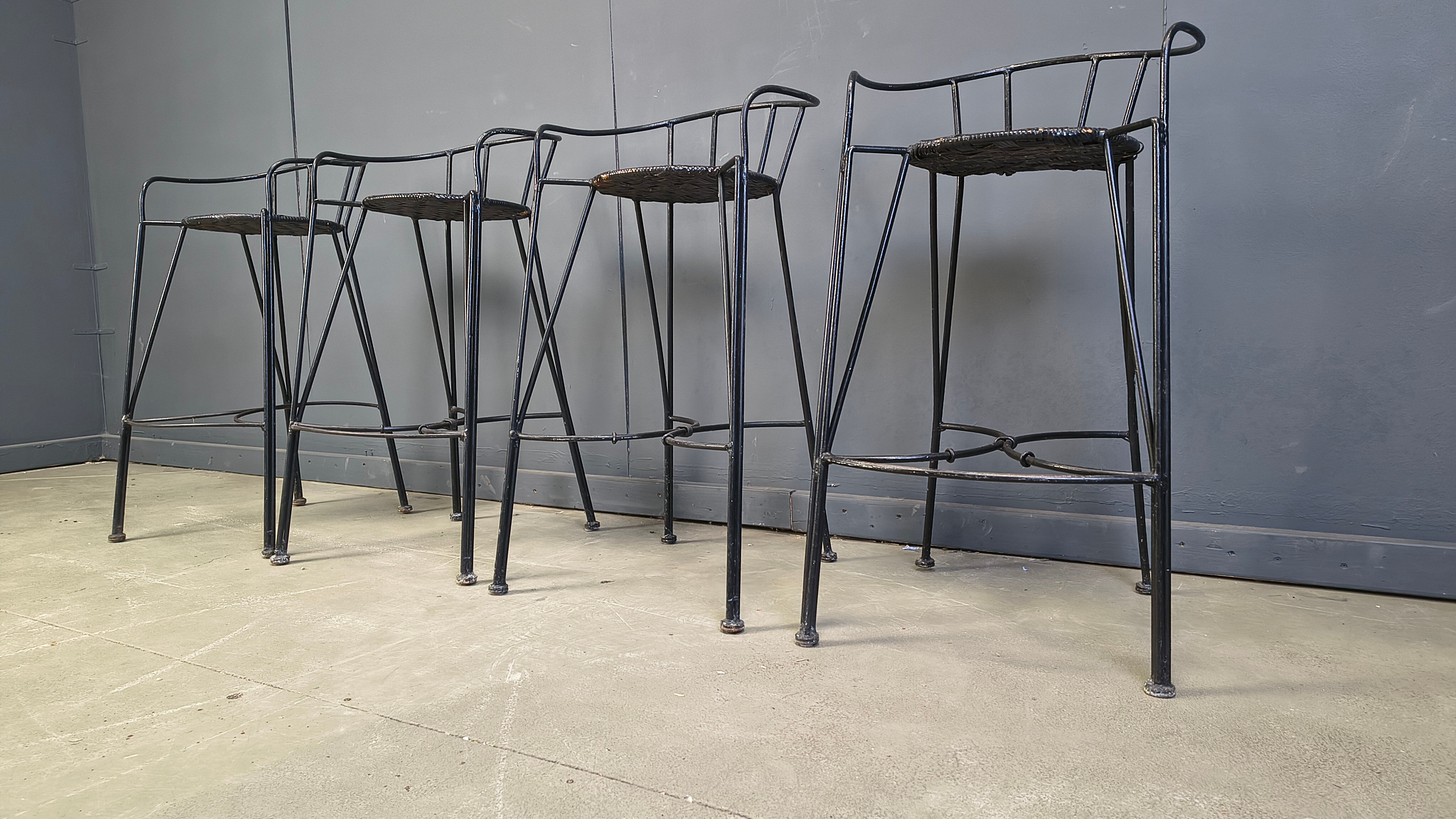 Tabourets de bar vintage en fer forgé et rotin, ensemble de 4 - années 1970