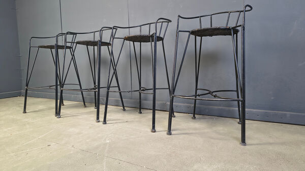 Tabourets de bar vintage en fer forgé et rotin, ensemble de 4 - années 1970