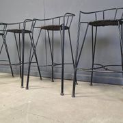 Tabourets de bar vintage en fer forgé et rotin, ensemble de 4 - années 1970