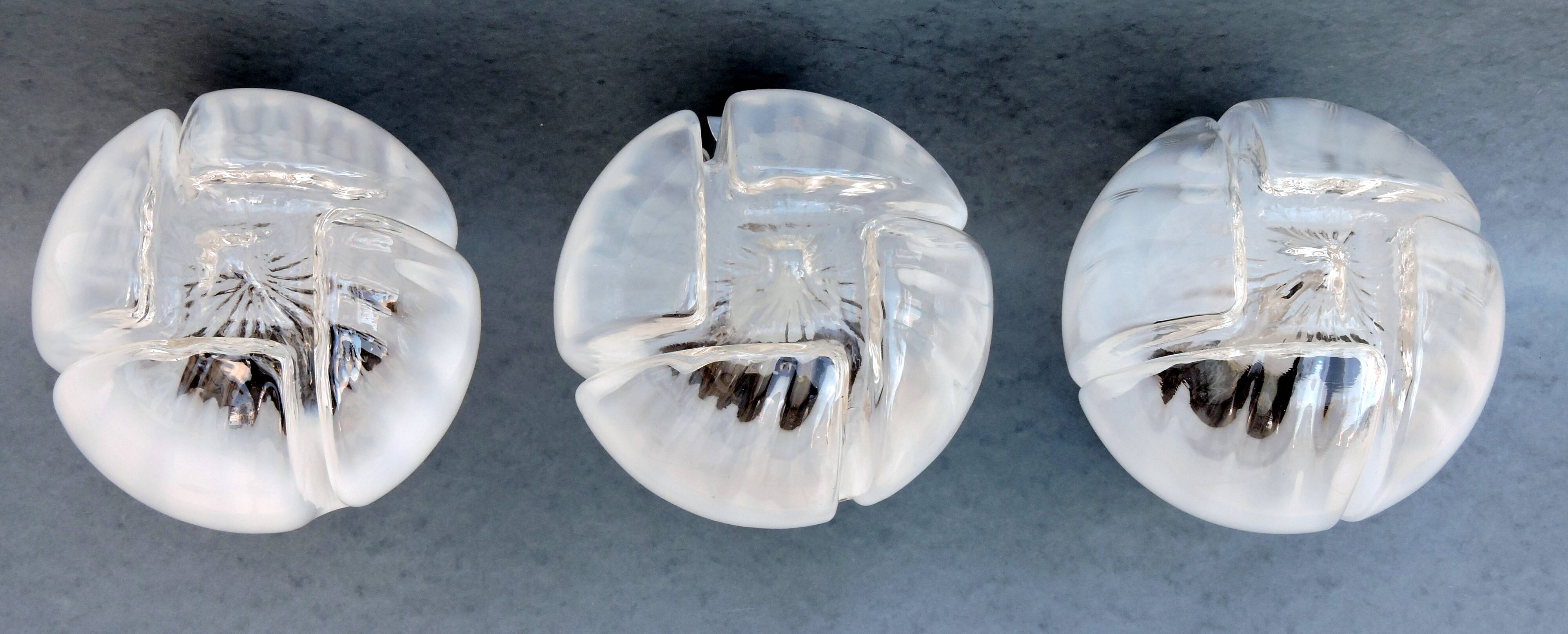 Three vintage wall lamps mazzega opalescent murano italy, year 70