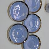 Art deco coffee service in fine iridescent blue porcelain, metal and wood