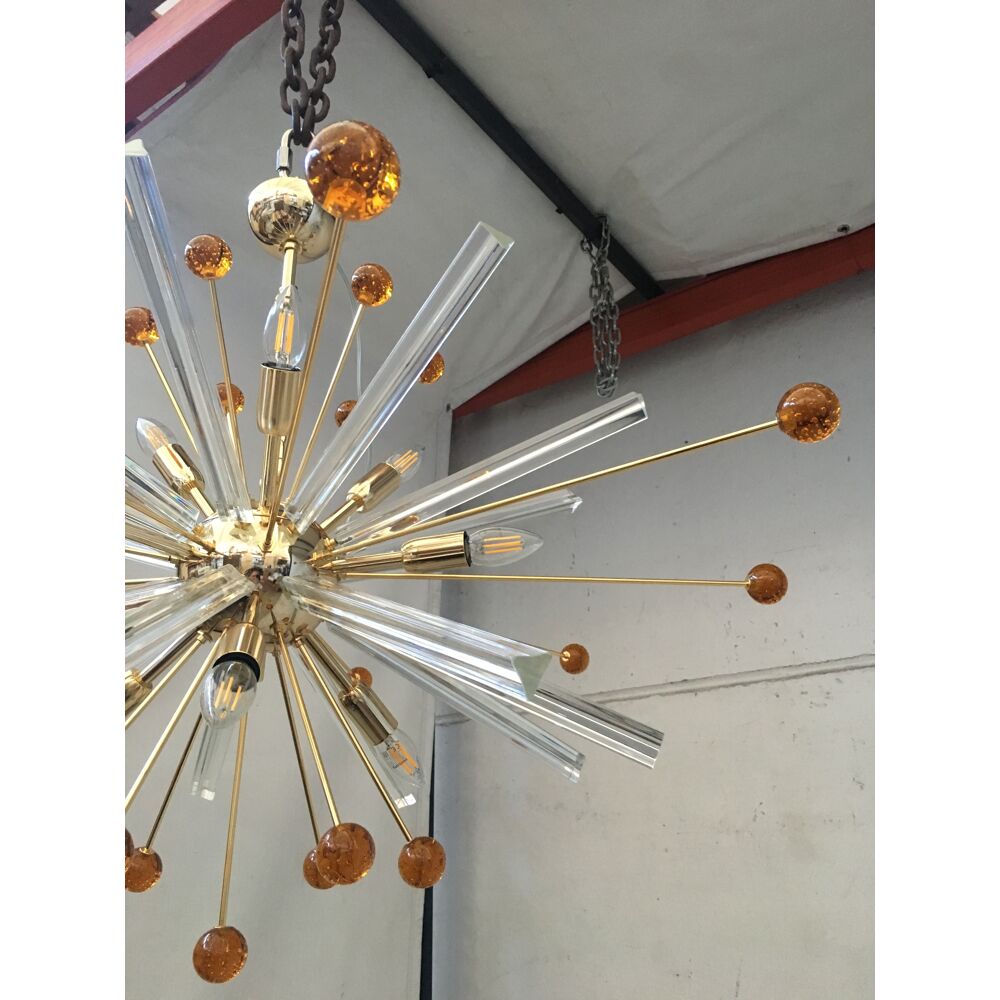 Transparent “triedro” and amber spheres murano glass oval sputnik chandelier