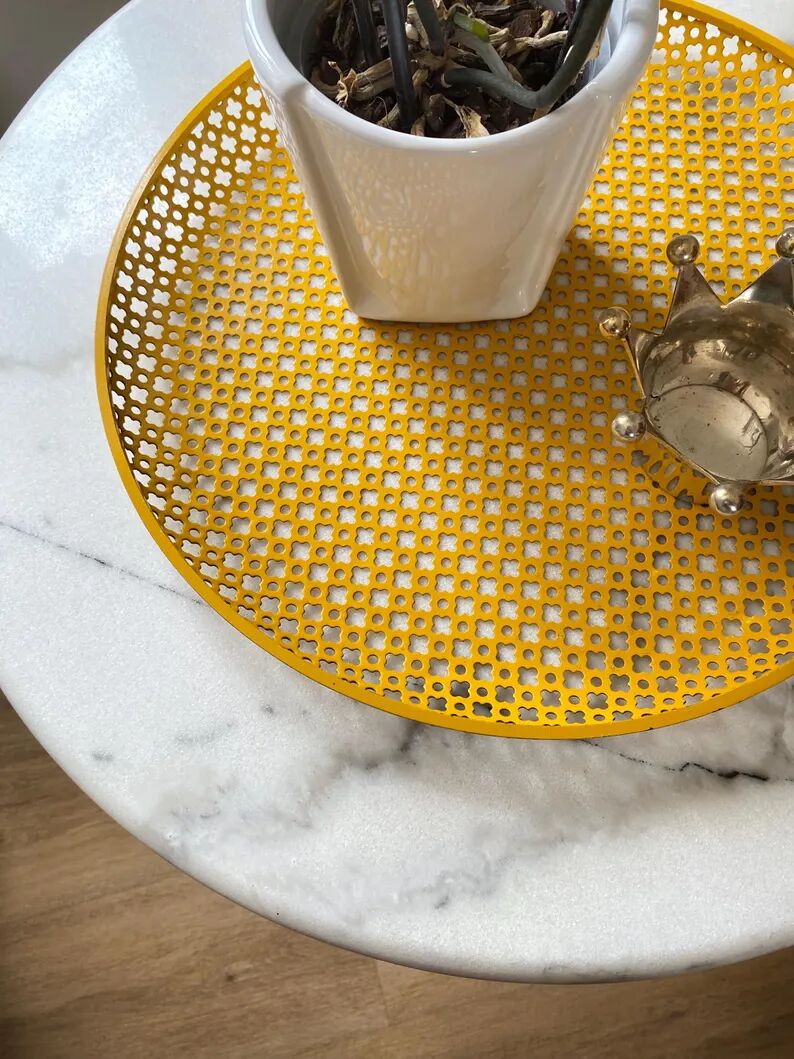 Mathieu Matégot round perforated metal tray, yellow, France 1950s