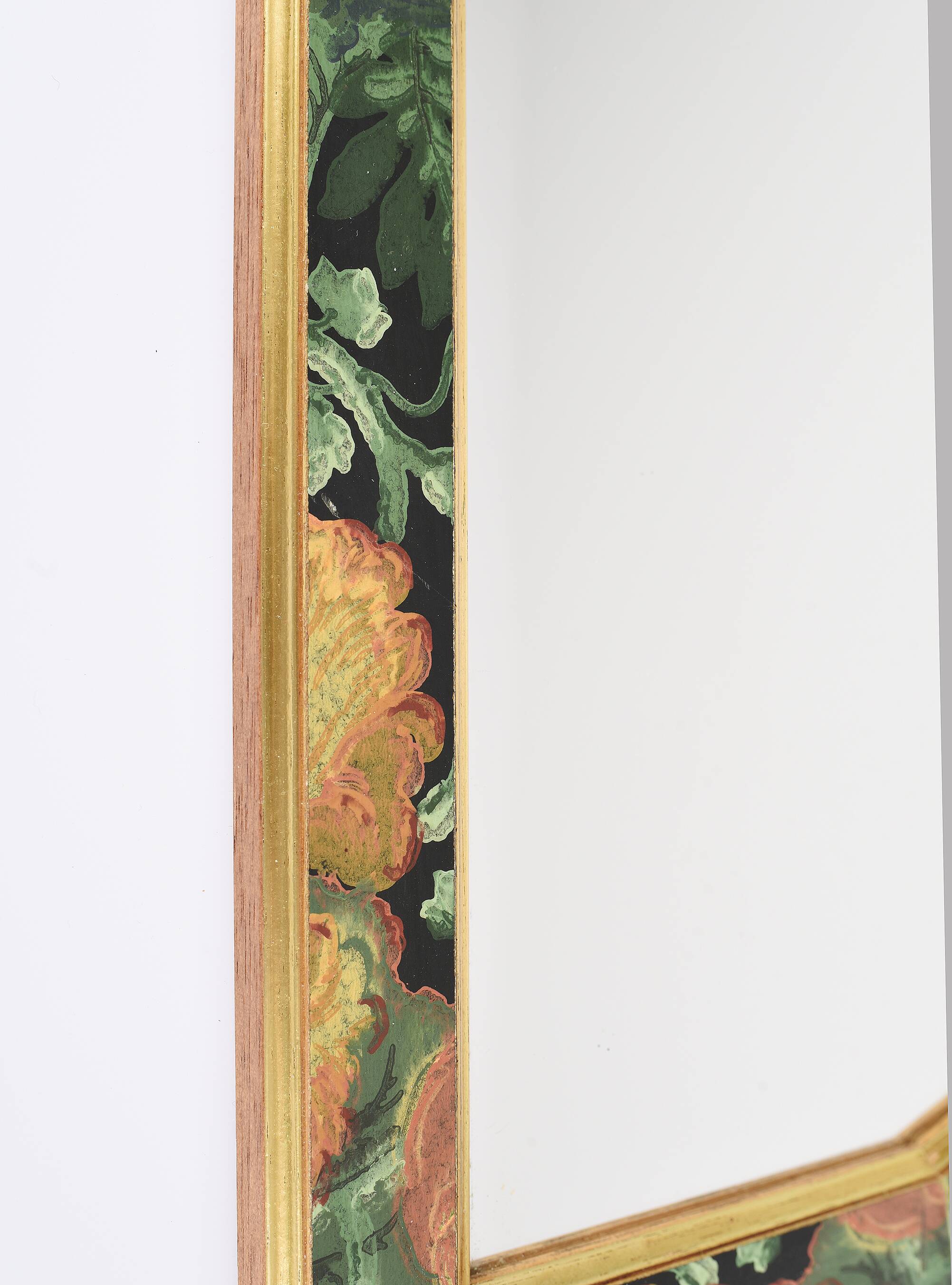 Old vintage octagonal mirror, floral patterns, green and gold