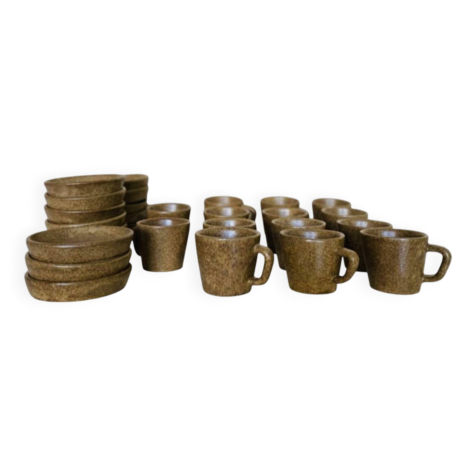 Set of stoneware coffee cups with saucers.