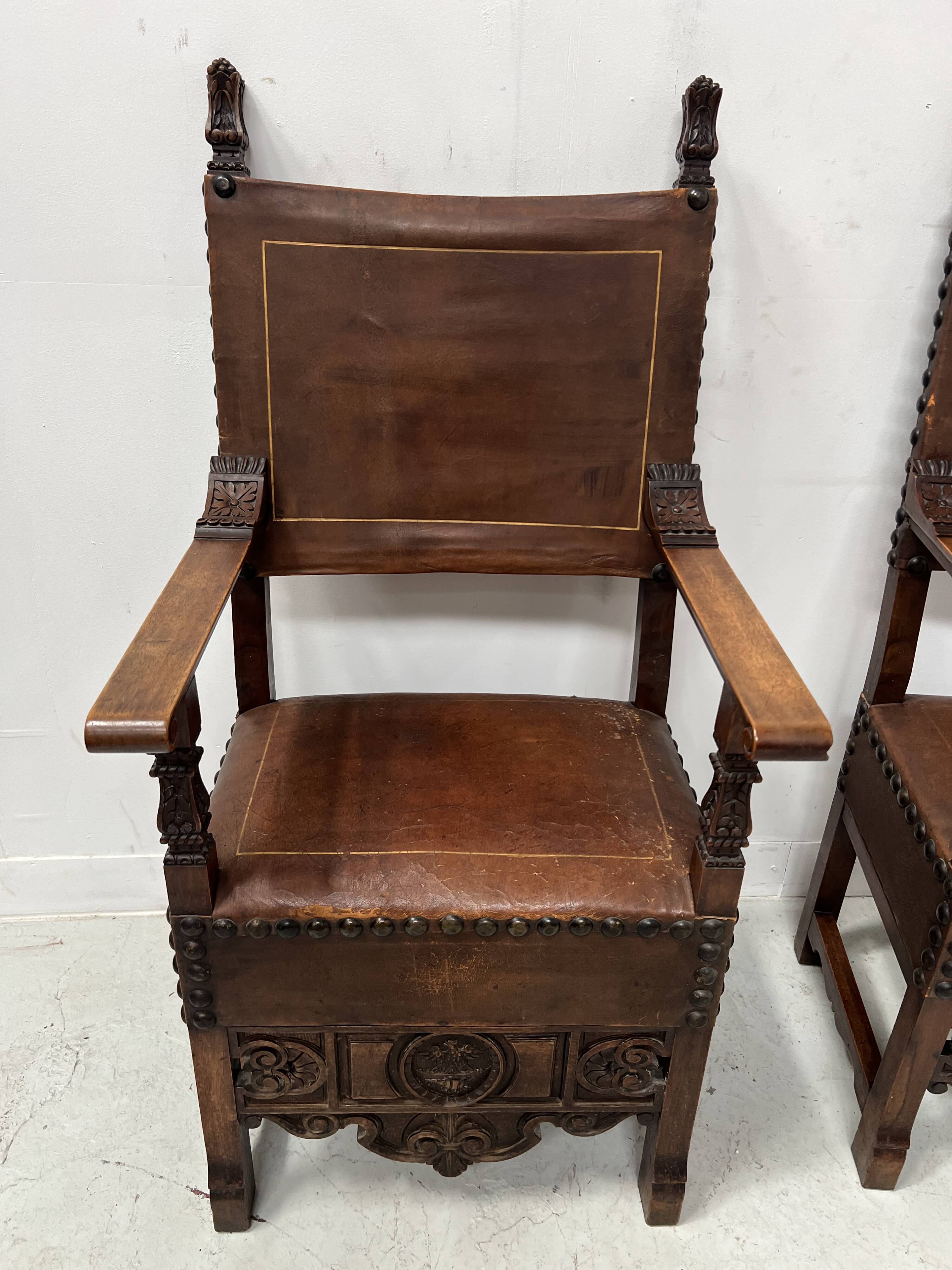 Pair of Renaissance style armchairs in walnut, 20th century