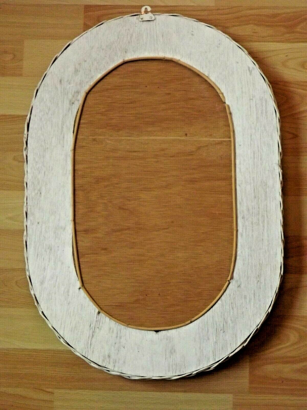 Vintage French White Oval Rattan Mirror Plywood Back Hanging Hook.