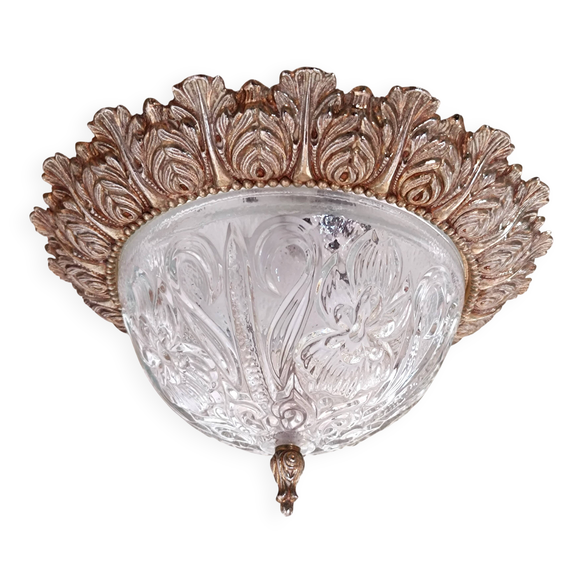 1960s molded glass ceiling light with brass crown