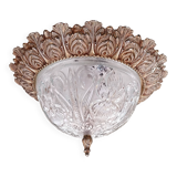 1960s molded glass ceiling light with brass crown