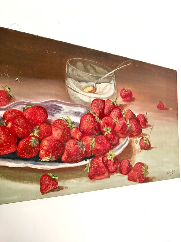 Huile sur toile, nature morte aux fraises signée Raymond JAFFRÉ (1918-2003)