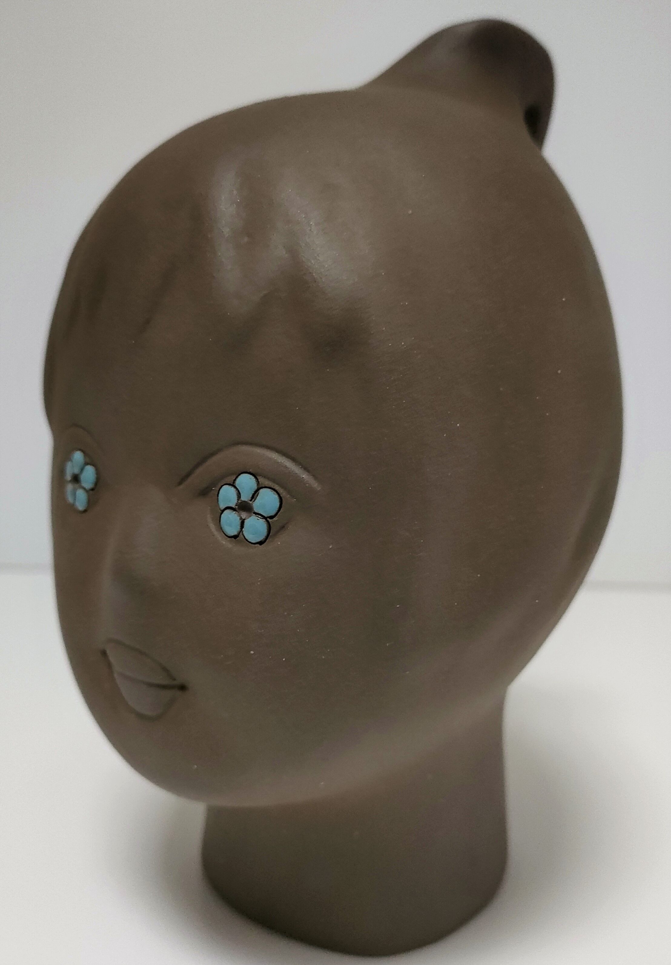 Sculptural ceramic head with blue enamelling Tekt design 60s