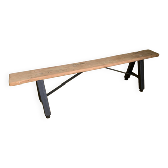 Country bench with raw wood seat