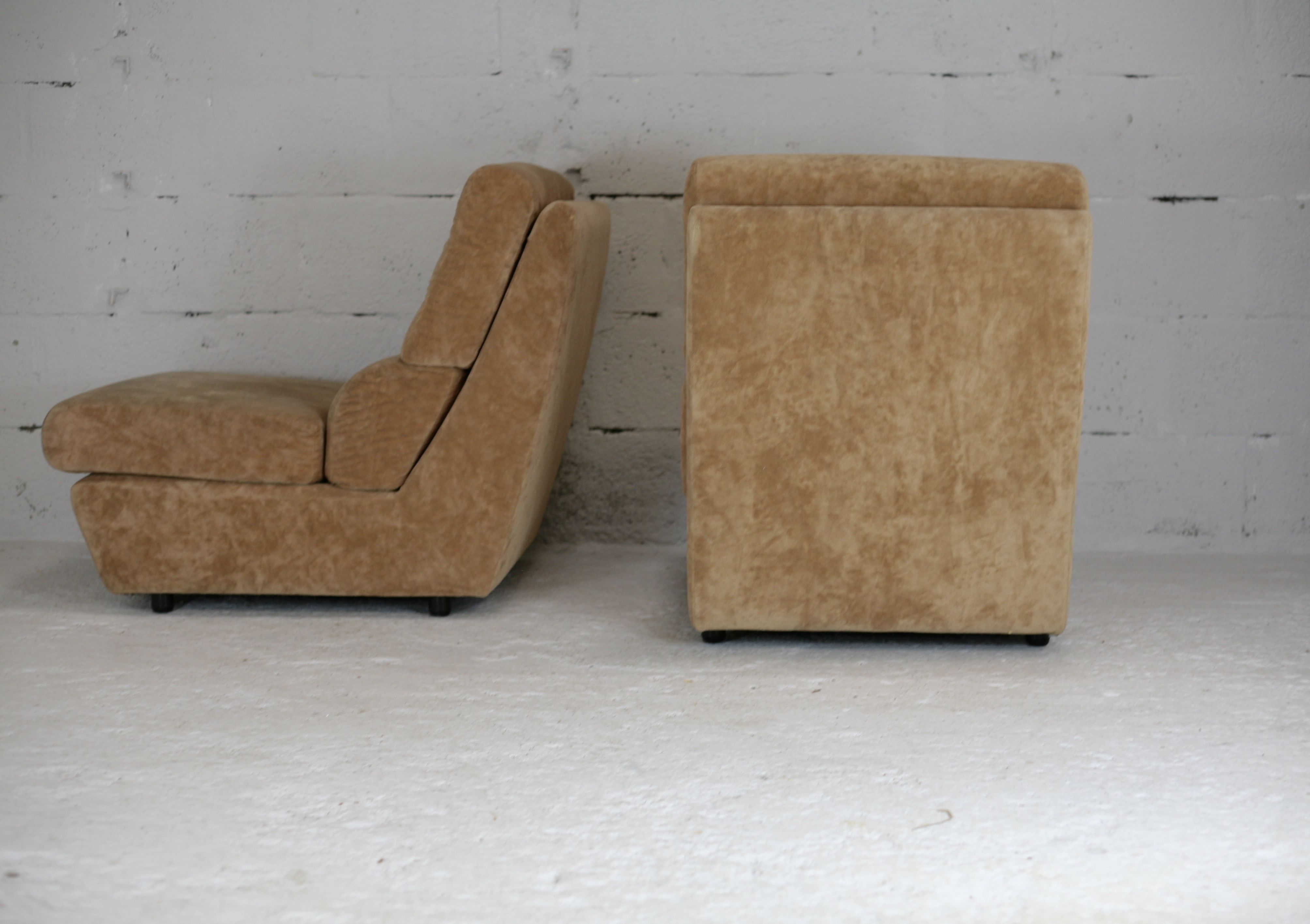 Pair of armchairs "Space Age", foam and velvet "honey", France, circa 1970